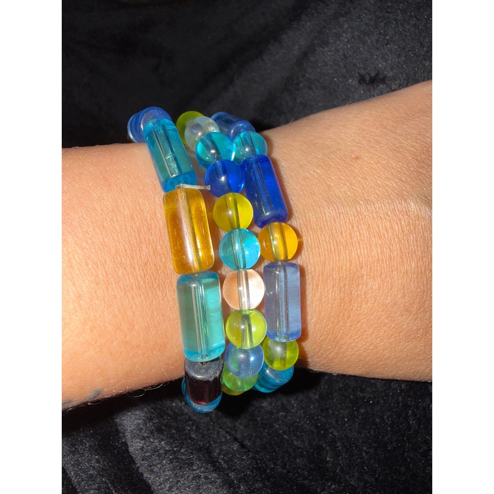 Set of 3 Multi Color Translucent Glass Bead Stretch Bracelets Blue Green Yellow